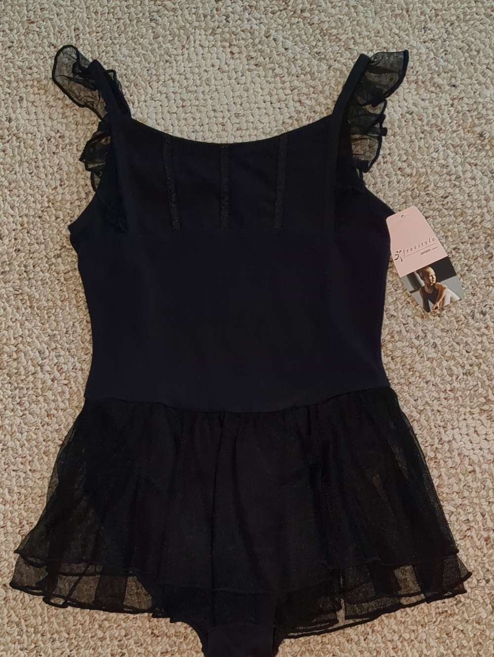 Danskin Black Ruffle-Strap Leotard with Tiered Mesh Skirt